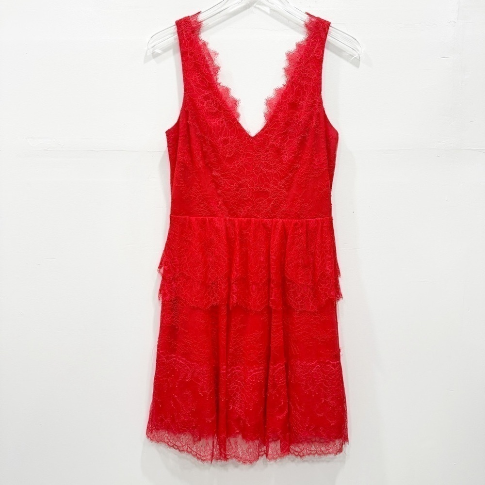 BCBGMaxAzria Willa Lace Sleeveless V-Neck Dress Ruffle Layered Skirt Medium